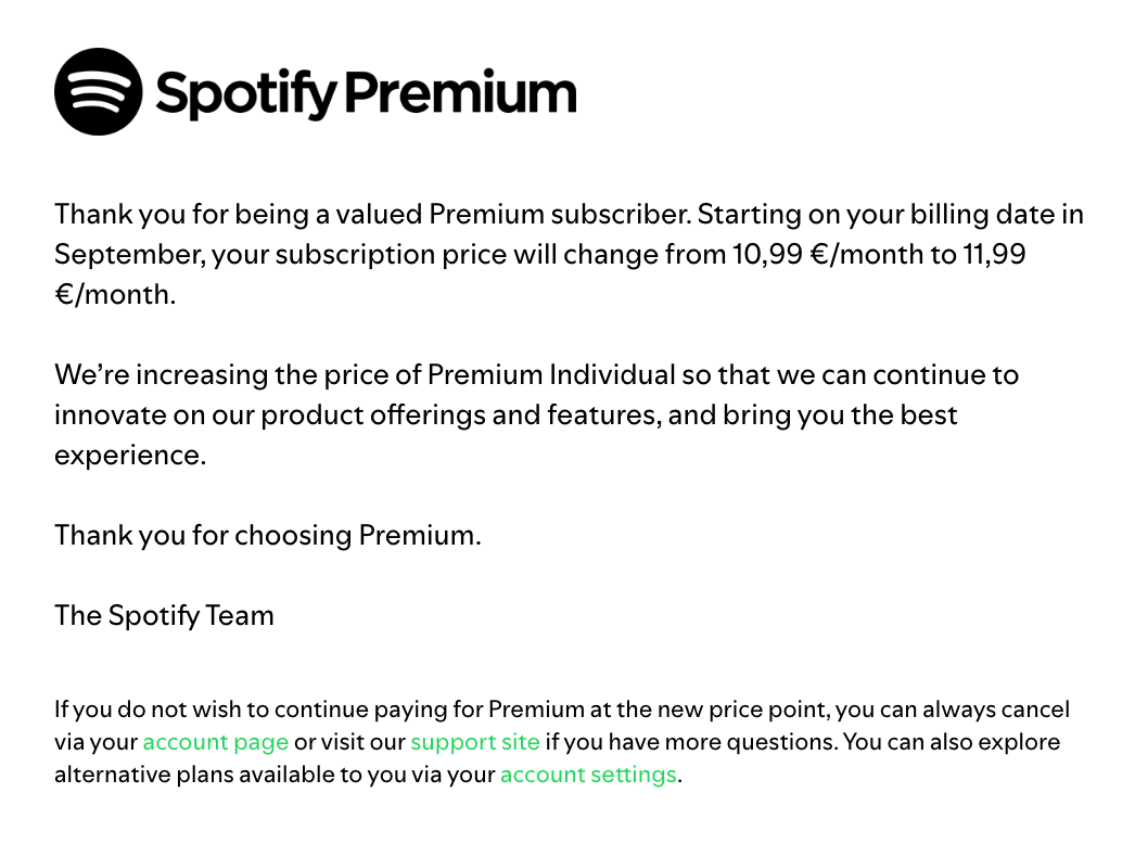 Spotify Price Increase Mail